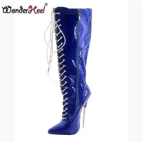 Wonderheel Hot 18cm 7 Heel Ultra High Heels Pointed Toe Lace Blue