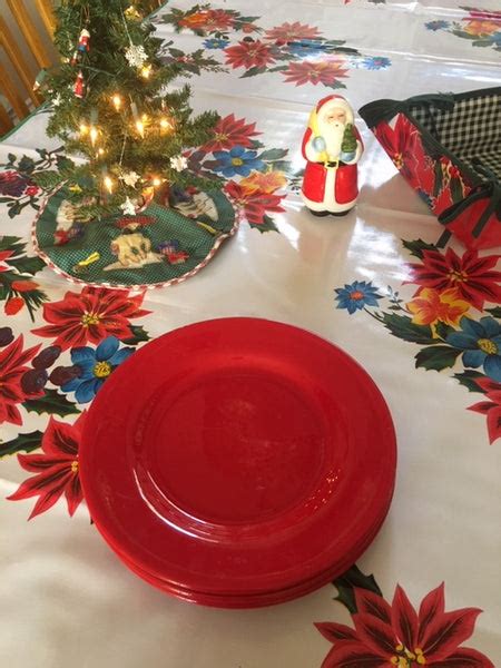 White Vintage Christmas Oilcloth And White On Red Polka Tablecloth 84