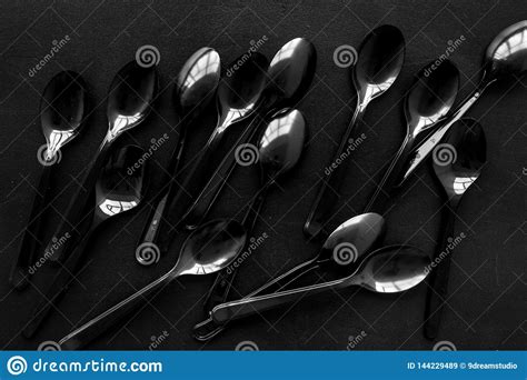 Plastic Flatware for Eco Concept on Black Background Top View Pattern ...