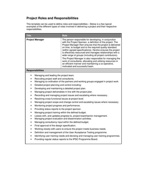 Project Team Roles And Responsibilities Template