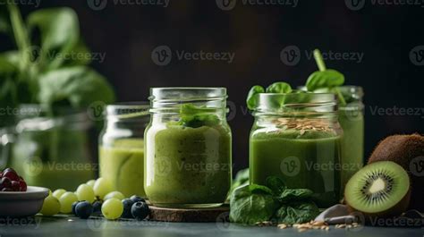 Glass Jar Mugs With Green Health Smoothie Kale Leaves Lime Apple