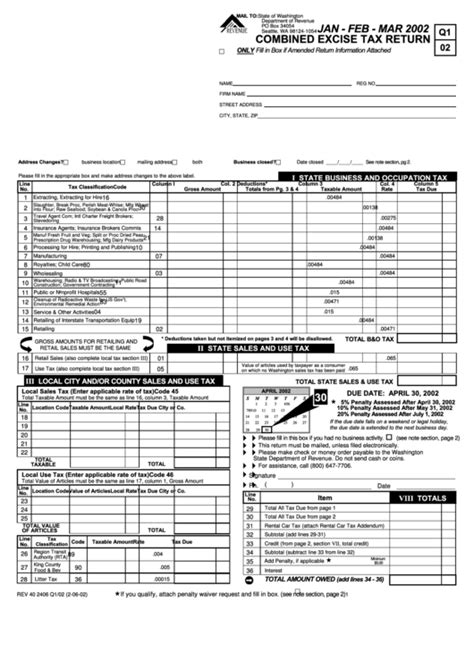 Combined Excise Tax Return Form Jan Feb Mar 2002 Printable Pdf