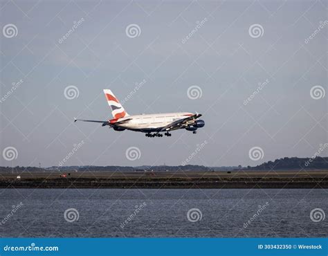 British Airways Airbus 380 Airplane Landing In Boston After A Flight