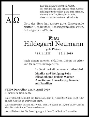 Traueranzeigen Von Hildegard Neumann Rz Trauer De