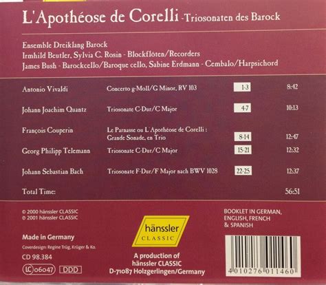 J S Bach L Apoth Ose De Corelli Triosonaten Des Barock Cd Hanssler