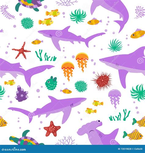 Seamless Vector Pattern With Cute Cartoon Sharks And Fishes Stock