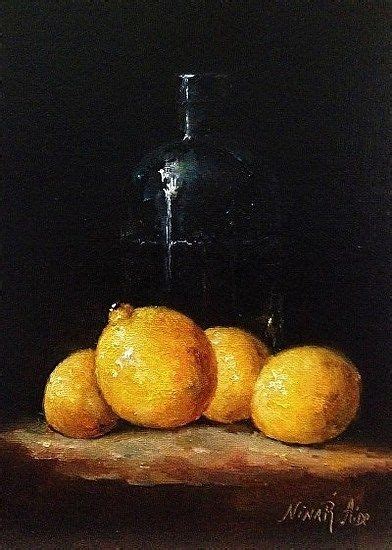 Bottle And Lemons By Nina R Aide Oil X Original Fine Art