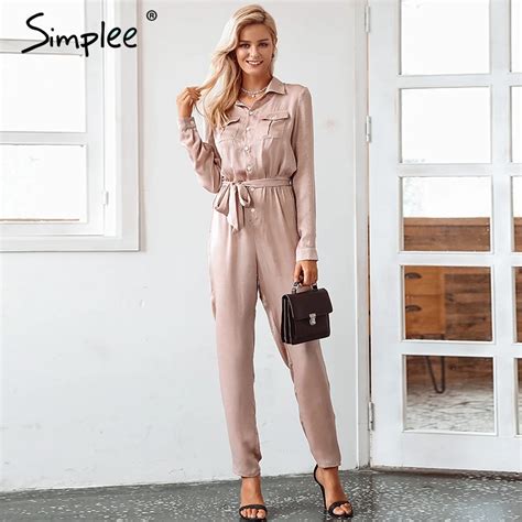 Simplee Elegant Sashes Buttons Satin Long Sleeve Women Jumpsuit Summer