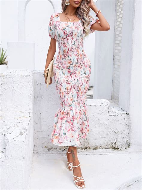 Shein Vcay Allover Floral Print Puff Sleeve Mermaid Hem Dress Shein Uk