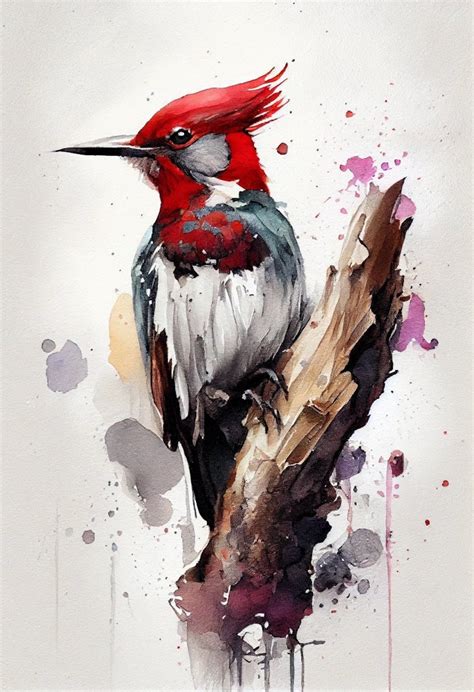 red headed woodpecker bird art print avian watercolors illustration