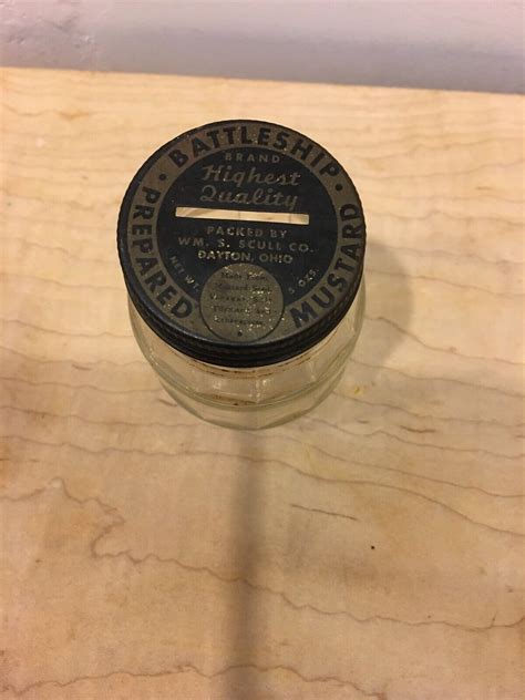 Vintage Glass Battleship Bank Prepared Mustard Jar Metal Lid Advertising Dayton Ebay