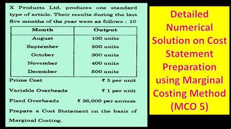 MCO 5 Cost Statement Preparation Using Marginal Costing Numerical