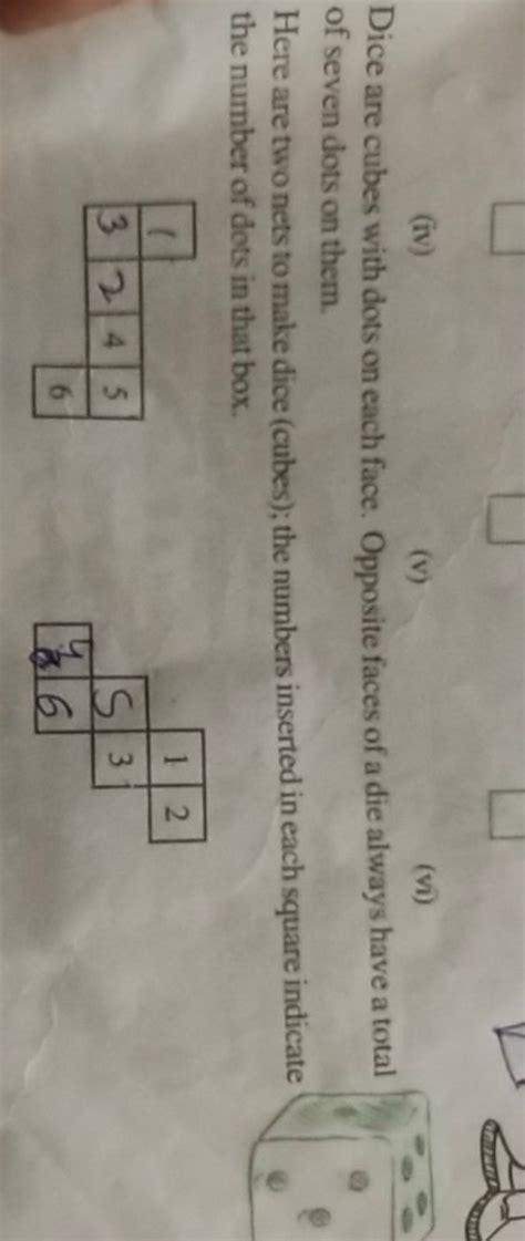 Iv V Vi Dice Are Cubes With Dots On Each Face Opposite Faces Of A