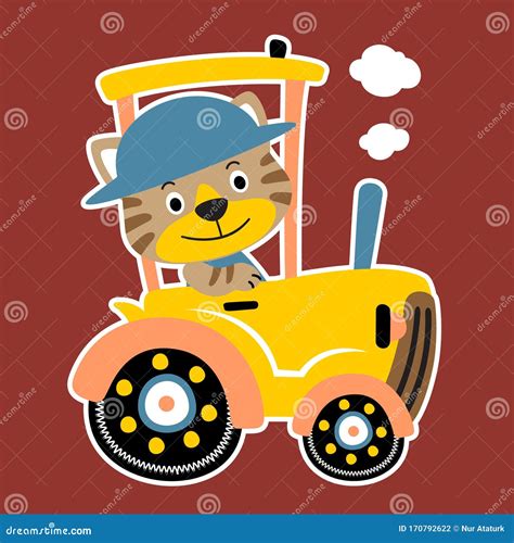 Cartoon of Funny Cat Driving Yellow Tractor Stock Vector - Illustration of smile, smoke: 170792622