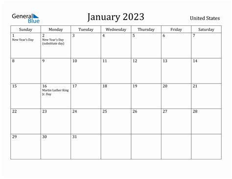 January 2023 Monthly Calendar with United States Holidays