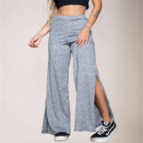 Cal A Flare Pantalona Cintura Alta Fenda Cinza Vekyo Moda