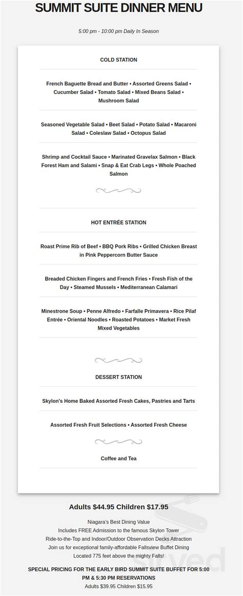 Skylon Tower menu in Niagara Falls, Ontario, Canada