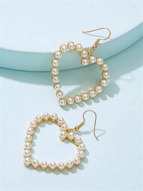 Faux Pearl Overlay Heart Drop Earrings 1pair Heart Drop Earrings Faux Pearl Earrings Faux Pearl