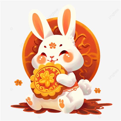 Hand Drawn Mid Autumn Festival Scene With Cute Rabbit Eating Moon Cake