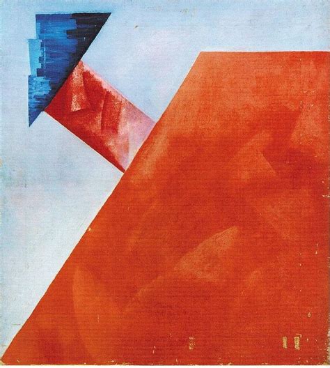 an abstract painting with red, blue and white colors