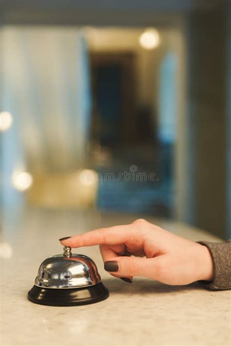 Woman Ringing Hotel Reception Service Bell Closeup Stock Photo Image