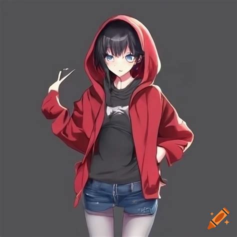 Anime Girl In Black Tshirt And A Open Red Hoodie And Blue Eyes With