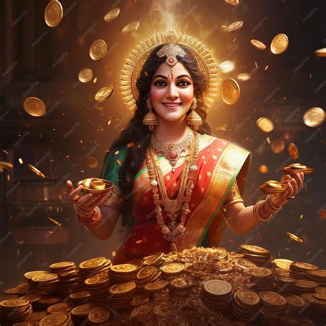 Premium AI Image | illustration of Laxmi Mata With Pot of Gold Coins ...