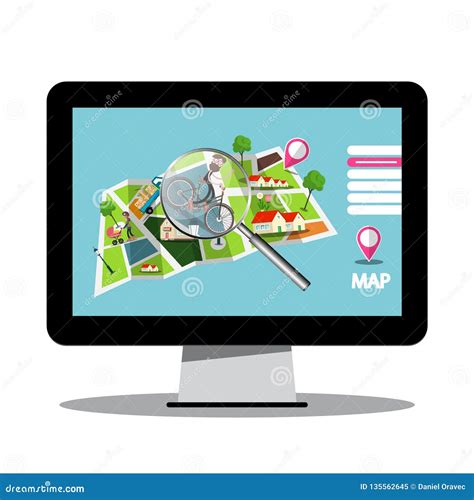 City Map With Magnifying Glass On Computer Screen Stock Vector