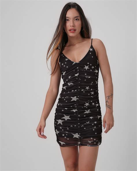 Riachuelo Vestido Curto Tubinho Franzido Tule Estrelas Preto Pool