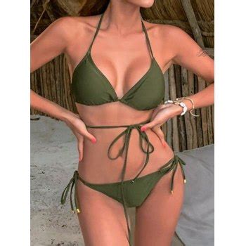 Emmiol Free Shipping 2024 Strappy Tie Triangle Bikini Set Green L In