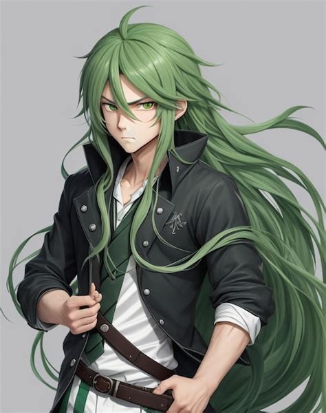 Premium AI Image | An anime boy with long flowing green hair