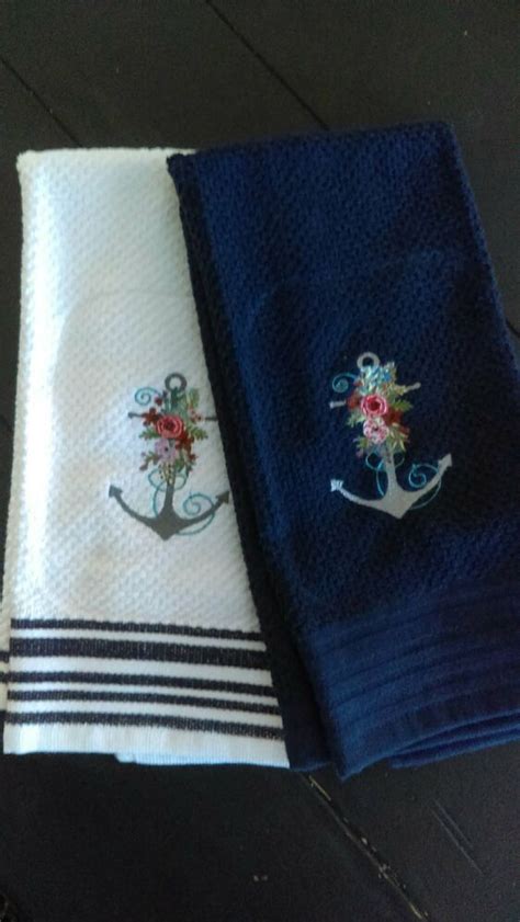 Nautical Anchor Kitchen Dish Towels Set Of 2 Navy Blue Striped Coastal