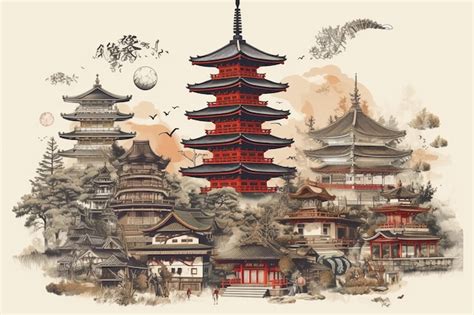 Premium Photo | A drawing of a japanese temple in a landscape