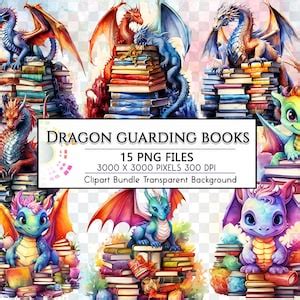 Watercolor Dragon Guarding Stack Of Books Clipart Dragon Books Png