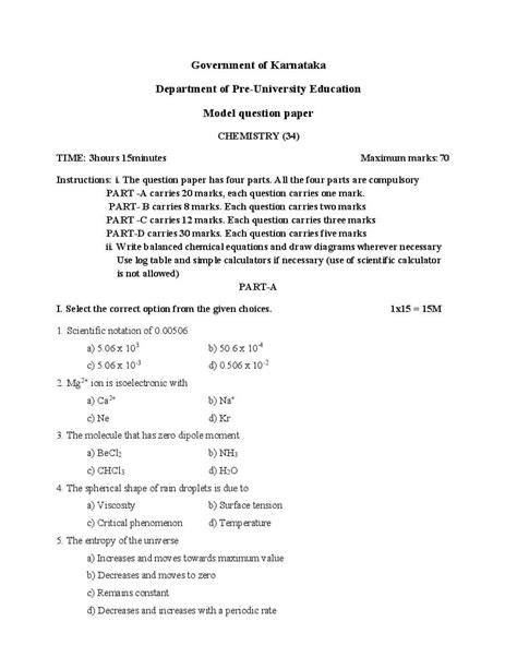 Karnataka St Puc Chemistry Model Question Paper Pdf