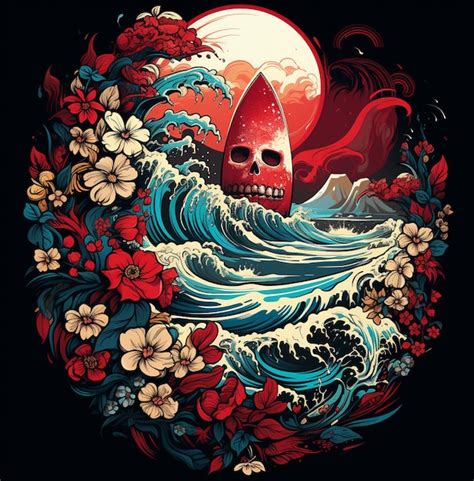 Una Calavera Con Una Tabla De Surf En El Agua Y Una Palmera Al Fondo