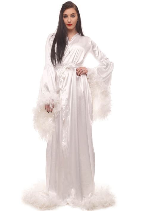 White Satin Bridal Robe Feathers Trimmed Angel Sleeve Etsy Australia