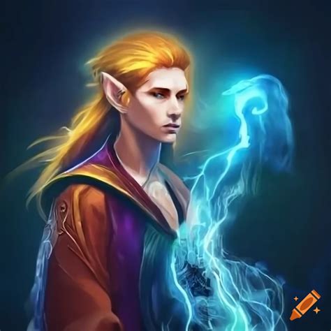 Male Elven Mage Conjuring Elemental Energies In Vibrant Robes On Craiyon