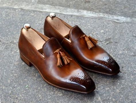 Brown Tassel Loafer Burnished Brogue Toe Slip Ons Genuine Leather