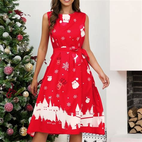 Christmas Midi Print Crew Neck Christmas Print Dresses Women S