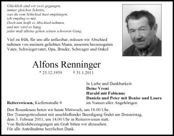 Alfons Renninger Traueranzeige Trauer Infranken De