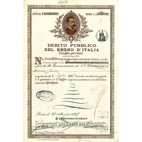 1897 DEBITO PUBBLICO REGNO D ITALIA UMBERTO I 5 RENDITA LIRE 120 ROMA