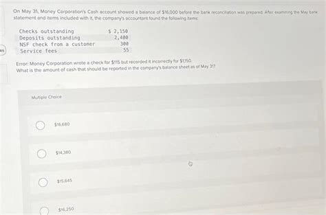 Solved On May Money Corporation S Cash Account Showed A Chegg