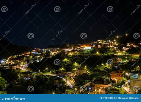 Jiufen Village at Night with Mountain and Ocrean View Stock Photo ...