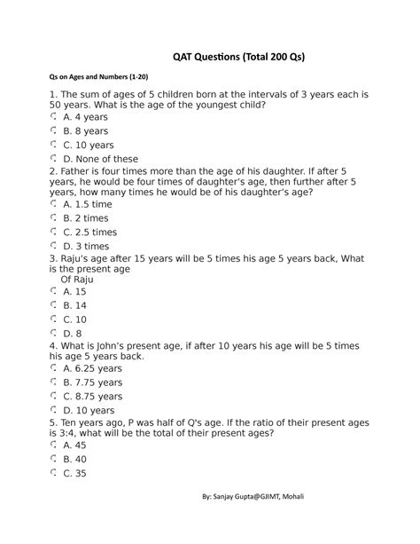 Aptitude Test For Placements Qat Questions Total Qs Qs On Ages