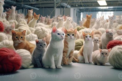 Group Of Cats In Front Of A Lot Of Balls Of Yarn Inside High Tech