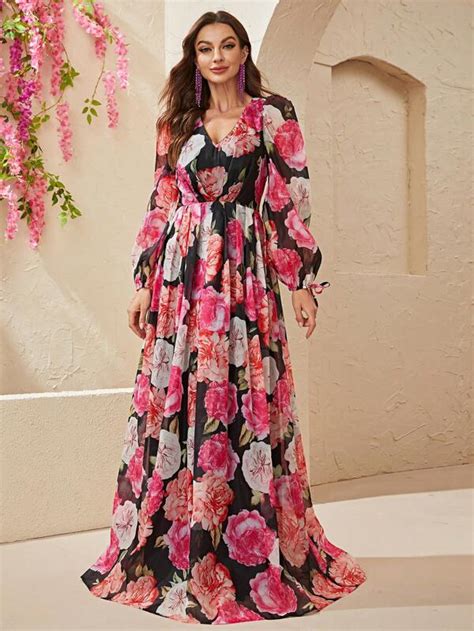 Giffniseti Floral Print Lantern Sleeve Maxi Dress Shein