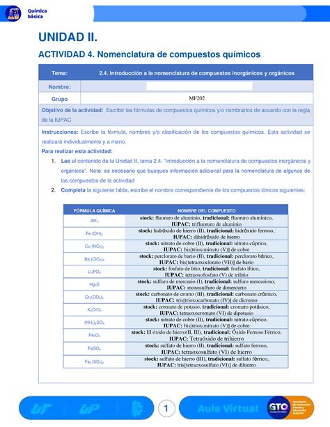 Nomenclatura de compuestos químicos 1 UNIDAD II ACTIVIDAD 4