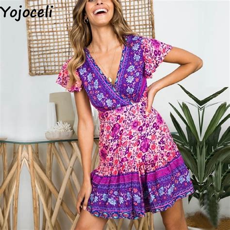 Yojoceli Sexy Floral Print Ruffle Short Dress Women Summer Wrap Elegant