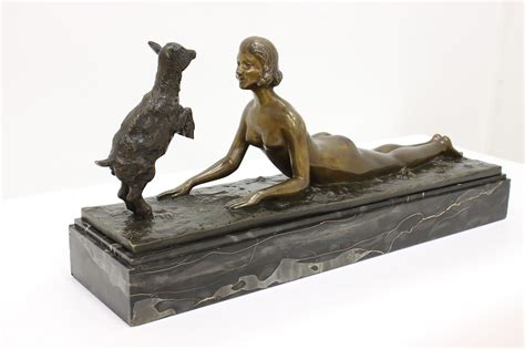 Art Deco French Bronze Sculpture Of Nude Pet Goat Marble Base D Aste